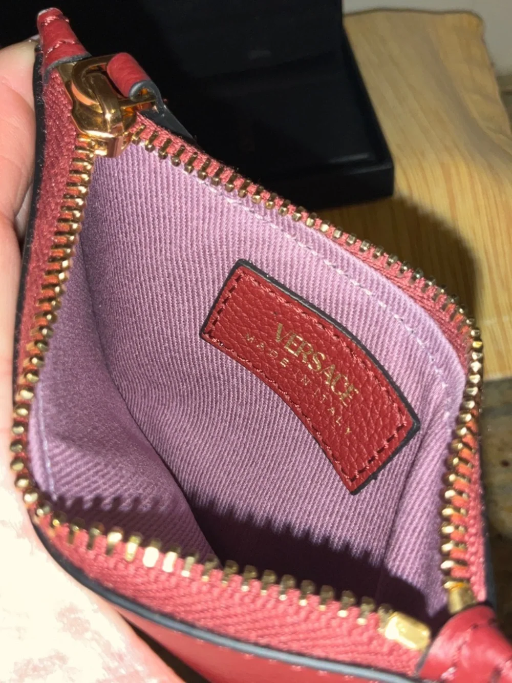 Versace Burgundy Leather Card & Key Pouch with Gold Medusa Charm - Picture 4 of 9